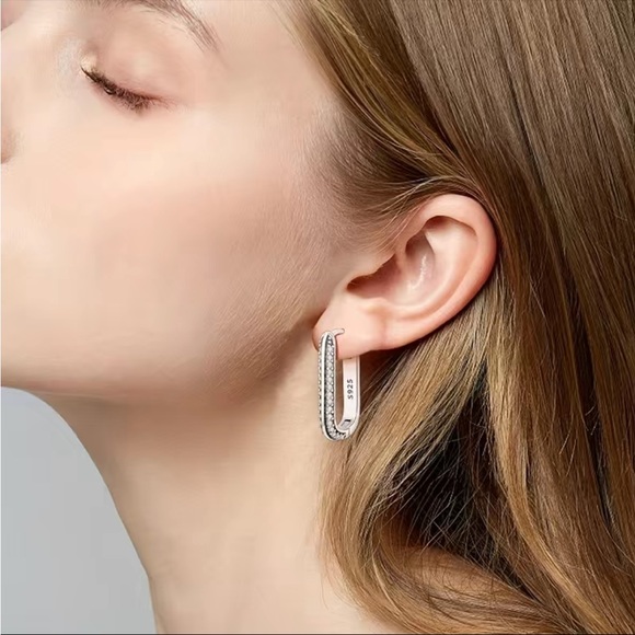 925 Sterling Silver and Diamond U Shaped Hoop Earrings - Picture 4 of 5